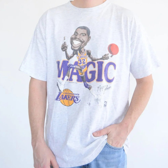 Vintage 80's Salem Sportswear Grey Magic Johnson LA Lakers Caricature T-Shirt XL - Picture 1 of 13
